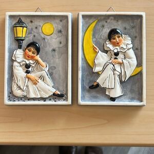 Sad Pierrot Plaster Relief Wall Decor Vintage Hand Painted